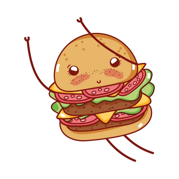 Hambúrguer fast food bonito kawaii desenho animado ícone isolado — Vetor de Stock
