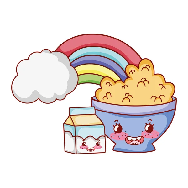 Breakfast cute bowl with cereal yogurt and milk box cartoon — Stockvektor