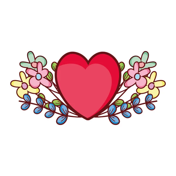 Red heart love flowers foliage romantic cartoon — Stock Vector