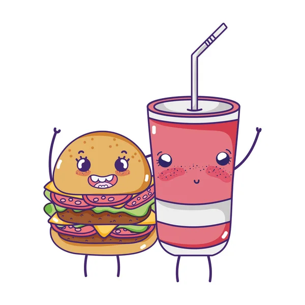 Fast food mignon savoureux burger tasse en plastique et dessin animé — Image vectorielle