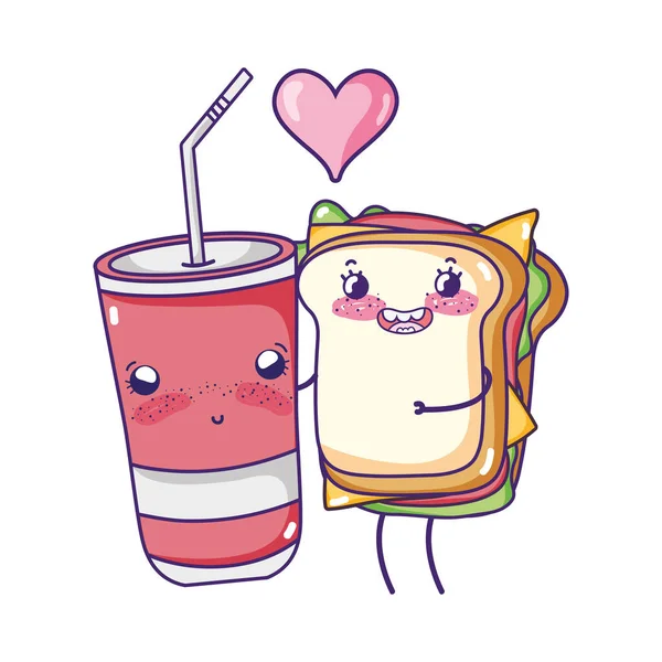 Fast food χαριτωμένο σάντουιτς και τηγανητές πατάτες καρτούν — Διανυσματικό Αρχείο