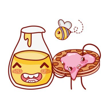 breakfast cute waffle with jam and honey bottle flying bee cartoon