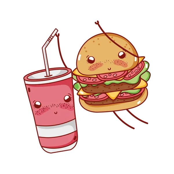 Comida rápida linda hamburguesa y taza de plástico jugando en dibujos animados al aire libre — Vector de stock
