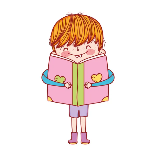 Ημέρα βιβλίου, μικρό αγόρι αγκαλιά ανοιχτό βιβλίο απομονωμένο σχεδιασμό — Διανυσματικό Αρχείο