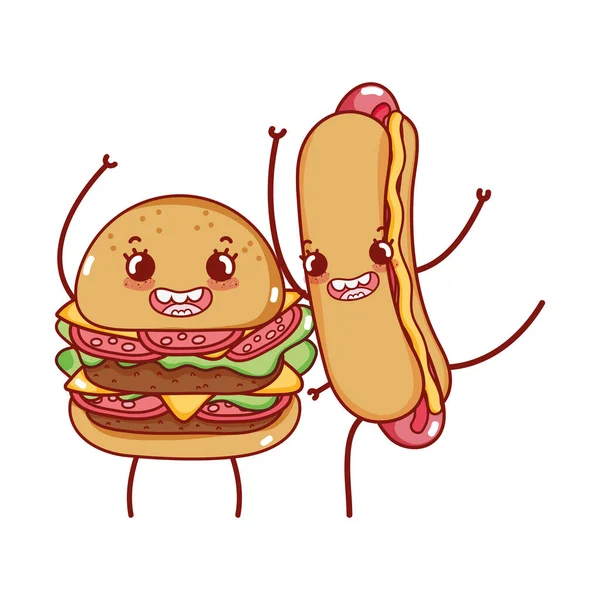 Fast food cute tasty burger and hot dog cartoon — Stock Vector