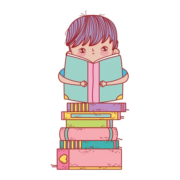 Liten pojke sitter med öppen bok på staplade böcker — Stock vektor