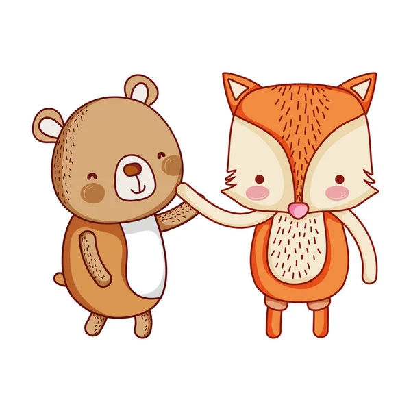 Aranyos állatok, kis medve és róka rajzfilm elszigetelt ikon design — Stock Vector