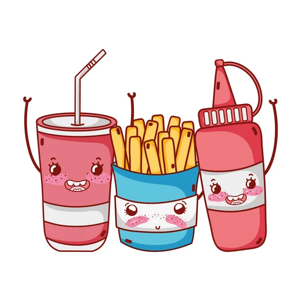 Comida rápida lindo papas fritas salsa y plástico taza de dibujos animados — Vector de stock