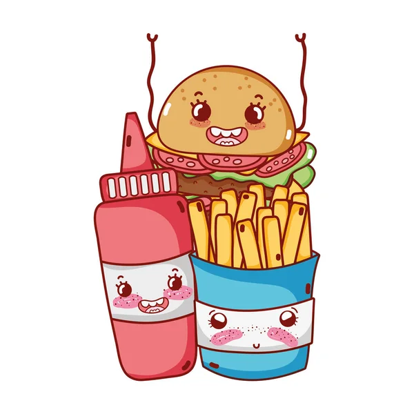 Fast food bonito batatas fritas hambúrguer e molho de tomate desenhos animados — Vetor de Stock