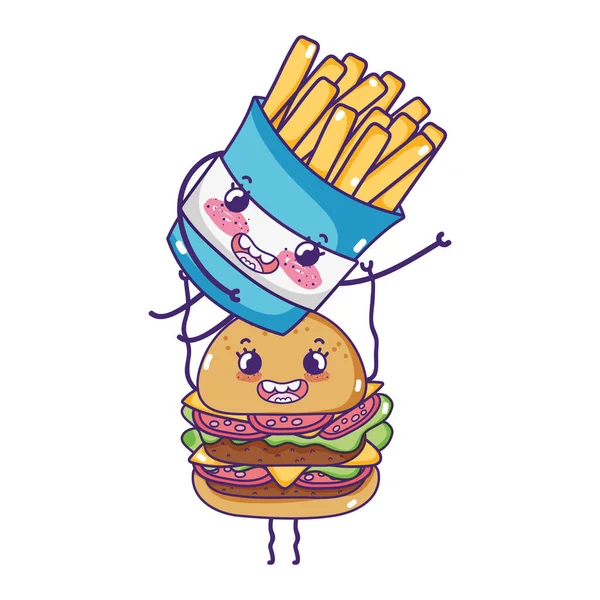 Fast food hambúrguer bonito carregando batatas fritas desenhos animados — Vetor de Stock