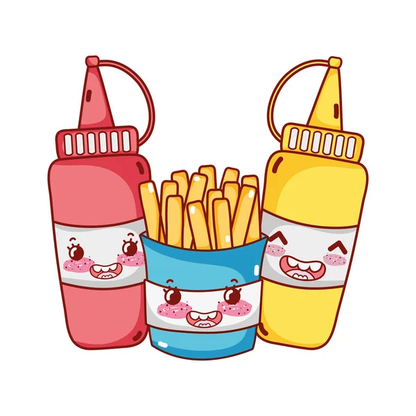 Comida rápida papas fritas lindo mostaza y tomate salsa de dibujos animados — Vector de stock