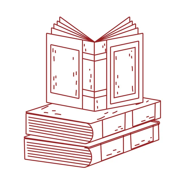 Día del libro, libro de texto abierto en libros apilan estilo de línea de diseño de icono aislado — Vector de stock