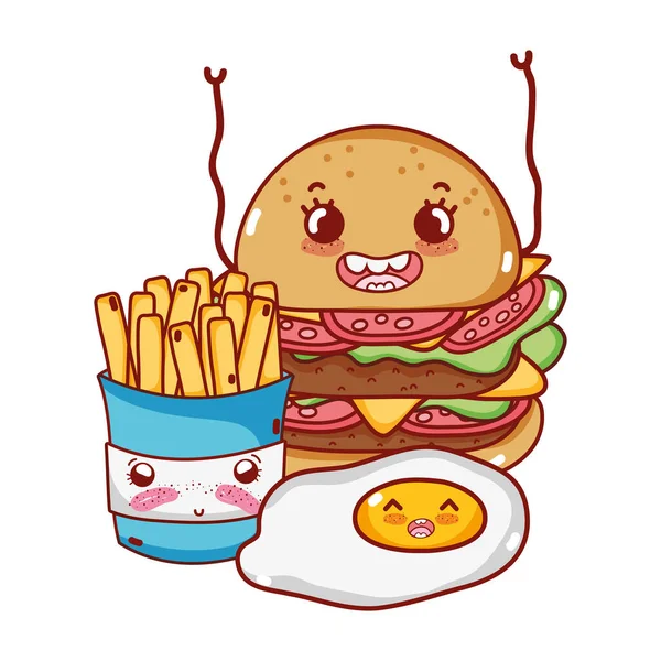 Comida rápida papas fritas lindo huevo y hamburguesa de dibujos animados — Vector de stock