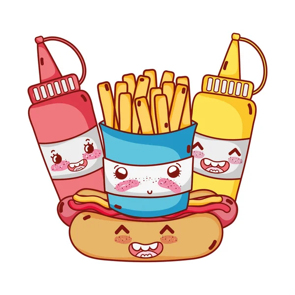 Comida rápida papas fritas lindo perro caliente mostaza y salsa de dibujos animados — Vector de stock