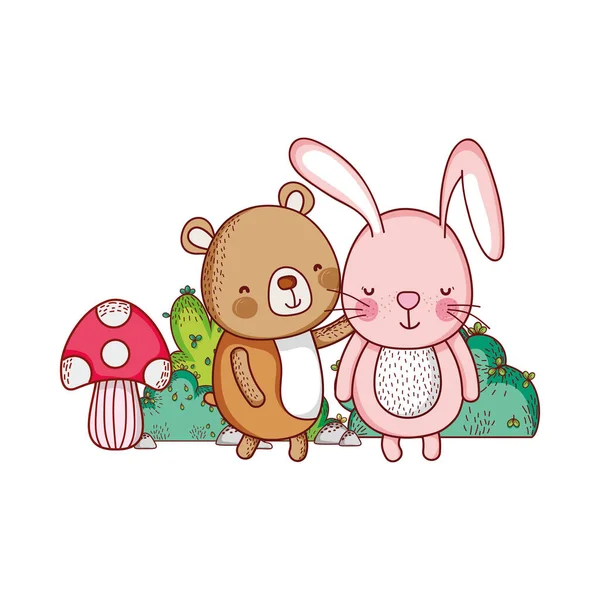 Cute animals, rabbit bear bush mushroom nature cartoon — Stock Vector