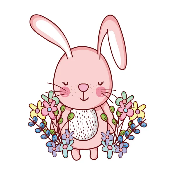 Animales lindos, pequeñas flores de conejo hojas de dibujos animados follaje — Vector de stock