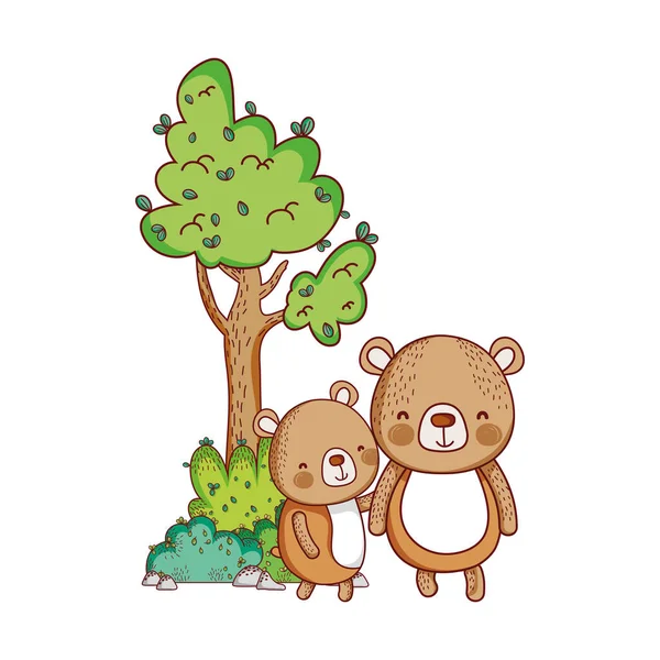 Słodkie zwierzęta, małe niedźwiedzie drzewo natura kreskówka — Wektor stockowy