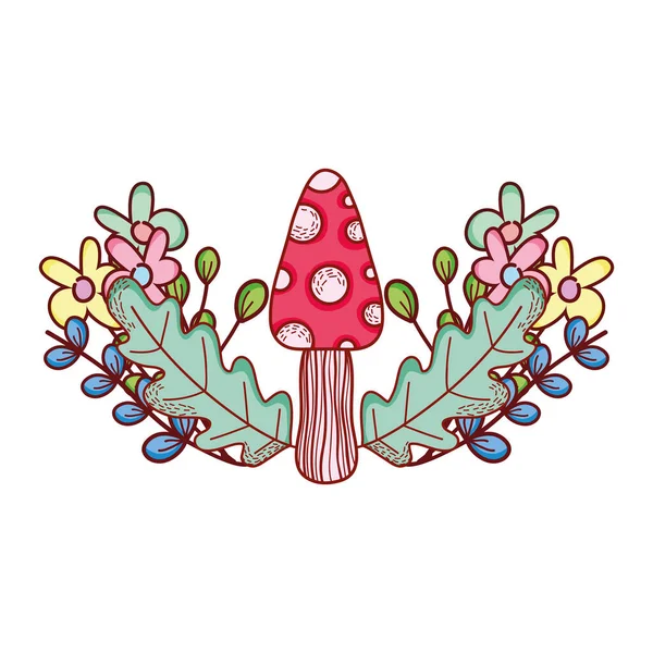 Roztomilý houba květiny zeleň větev listy karikatura — Stockový vektor