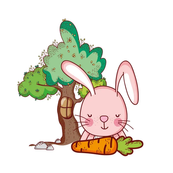 Cute animals, pink rabbit with carrot tree grass cartoon — Stock vektor