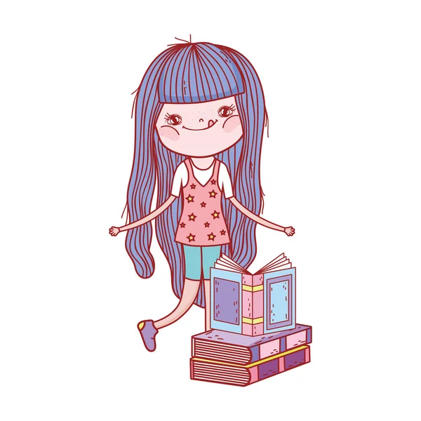 小女孩，带着平滑和堆叠的书，孤立的设计 — 图库矢量图片