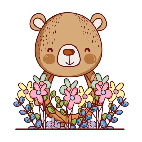 Cute animals, little bear flowers leaves foliage cartoon — Stock Vector