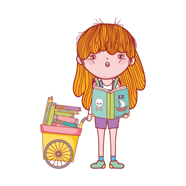 Nettes Mädchen liest Buch von Piraten und Wagen mit vielen Büchern — Stockvektor