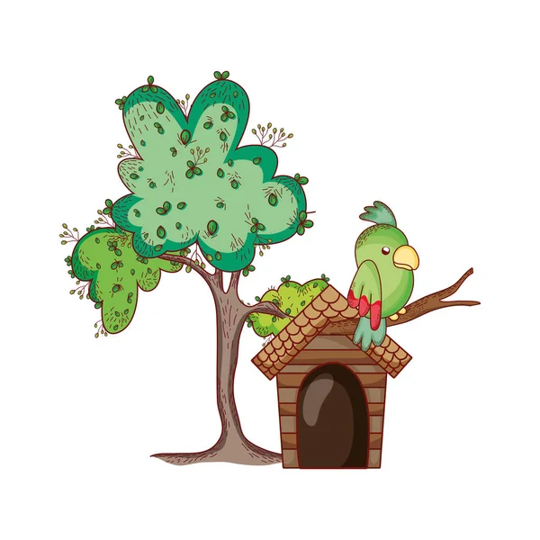 Cute animals, parrots in branch tree cartoon isolated icon design — Stock Vector