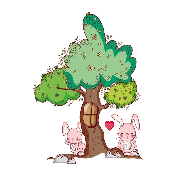 Милые животные, кролики древесных листьев природы ботанический изолированный дизайн — стоковый вектор