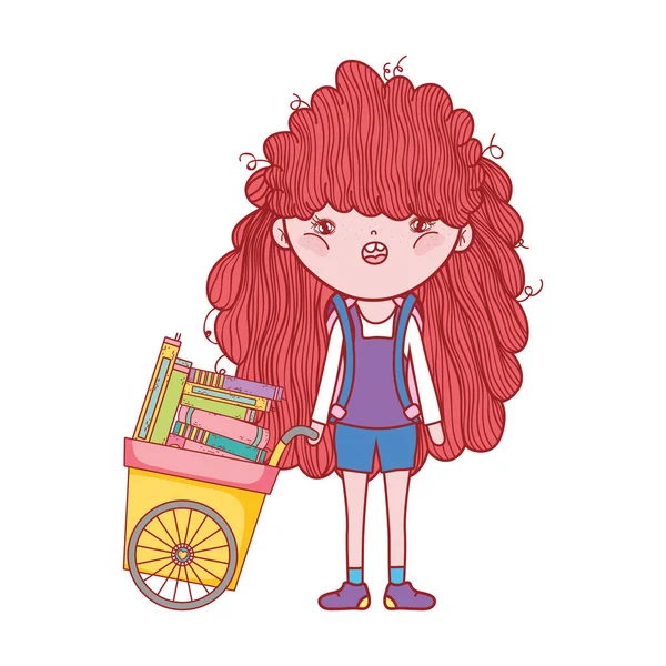 Söt flicka med vagn fylld av böcker tecknad isolerad design — Stock vektor