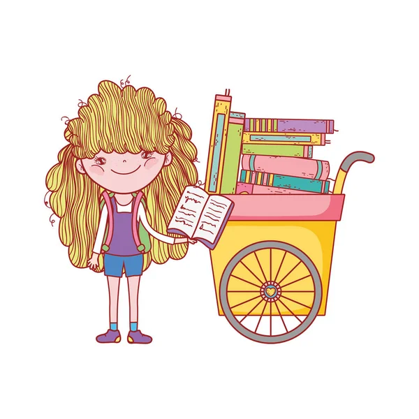 Söt flicka läsa bok och vagn med många böcker — Stock vektor