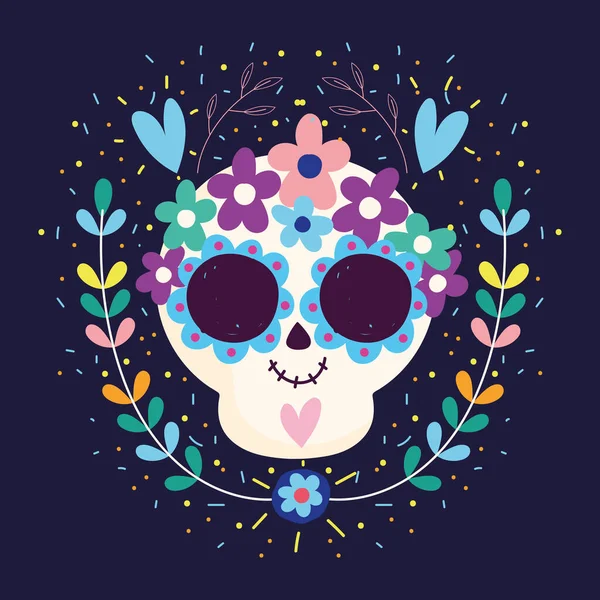 Tag der Toten, Totenkopf Herzen Blumen blühen traditionelle mexikanische Feier — Stockvektor
