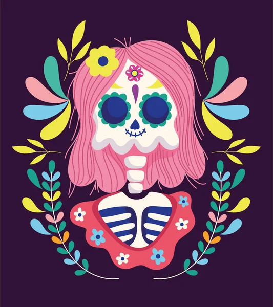 День мертвых, женский скелет с цветами волос рамка традиционного мексиканского праздника — стоковый вектор