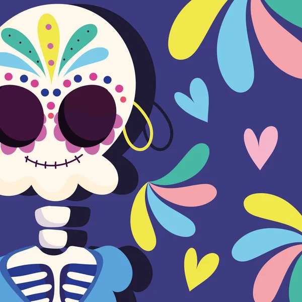 Día de los muertos, esqueleto con decoración de pendientes celebración tradicional mexicana — Archivo Imágenes Vectoriales