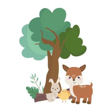 kamp sevimli geyik tavuk ve tavşan ağacı orman çizgi filmi