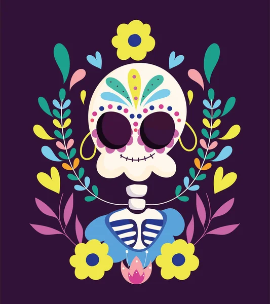 Jour des morts, catrina avec des fleurs boucles d'oreilles décoration traditionnelle mexicaine célébration — Image vectorielle