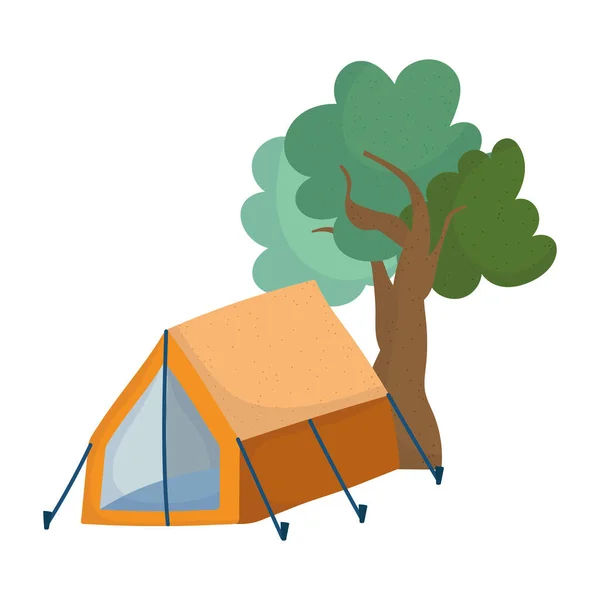 Camping tenda folhagem árvores natureza desenho animado ícone isolado design — Vetor de Stock