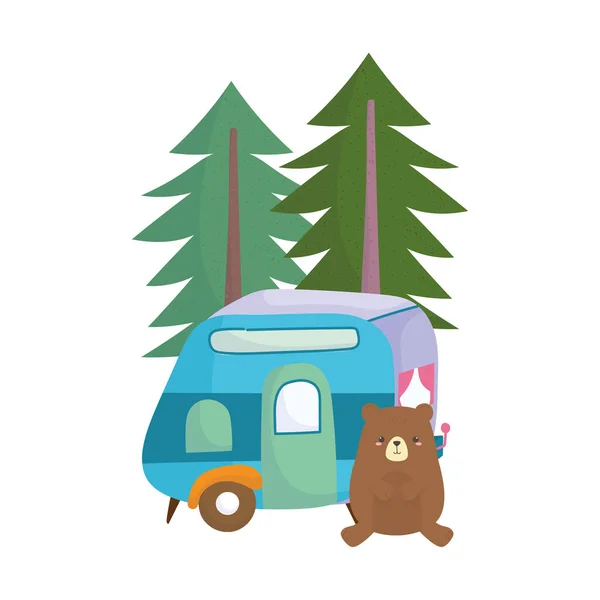 Camping niedlicher Bär Anhänger Kiefern Wald Cartoon — Stockvektor