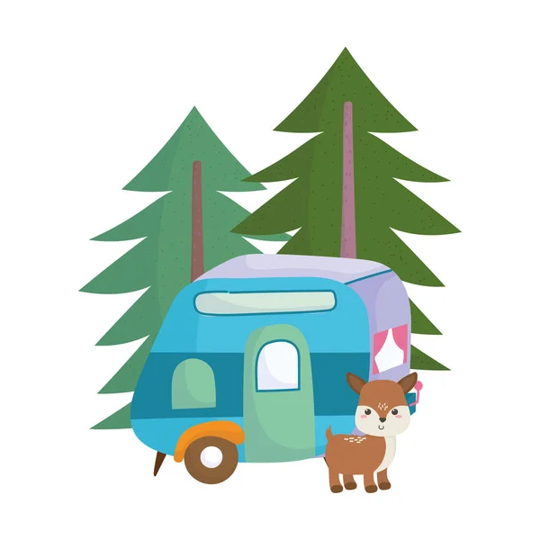 Camping niedlich Hirsch Anhänger Bäume Wald Cartoon isoliert Symbol-Design — Stockvektor