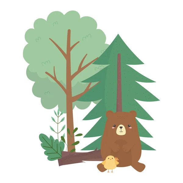 Camping bär und hühnchen bäume cartoon isolation icon design — Stockvektor