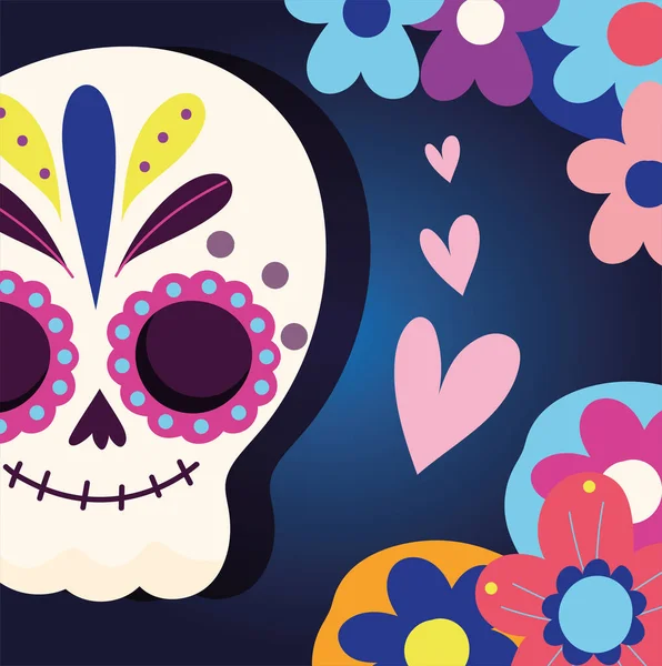 Día de los muertos, catrina corazón amor flores decoración tradicional mexicana celebración — Vector de stock