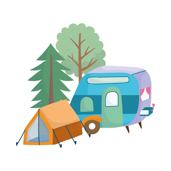 Camping tent trailer forest trees greenery cartoon — 스톡 벡터