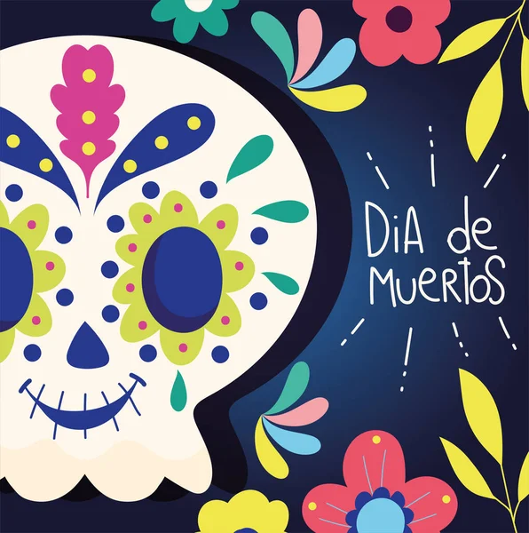 Dia dos mortos, flores de desenhos animados catrina celebração mexicana tradicional — Vetor de Stock