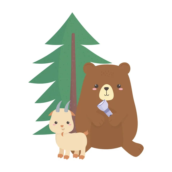 Kemping aranyos medve és kecske lámpás lombozat rajzfilm — Stock Vector