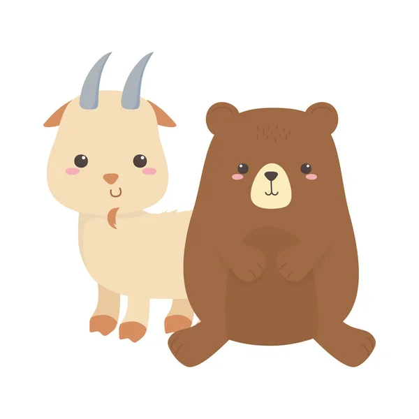 Mignon petit ours et chèvre dessin animé animal isolé design — Image vectorielle