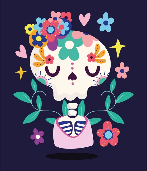 Día de los muertos, flores esqueleto y decoración de tela celebración tradicional mexicana — Archivo Imágenes Vectoriales