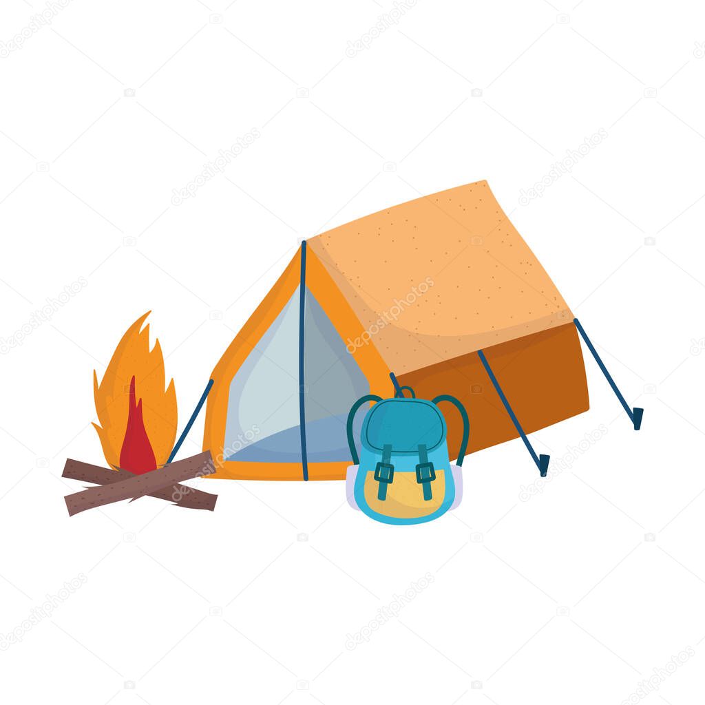 camping tent rucksack bonfire cartoon isolated icon design