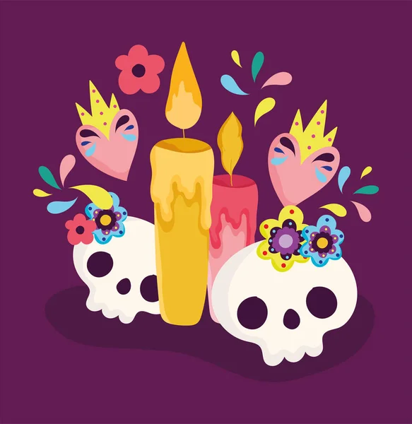 Tag der Toten, Catrinas und Kerzen mit Blumen Dekoration traditionelle mexikanische Feier — Stockvektor