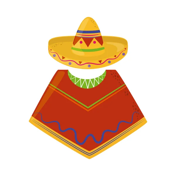 Poncho e chapéu tradicional cinco de mayo mexicano celebração ícone de estilo plano — Vetor de Stock