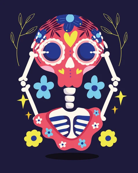 День мертвых, скелет с руками в голове и цветы украшения традиционный праздник мексиканский — стоковый вектор