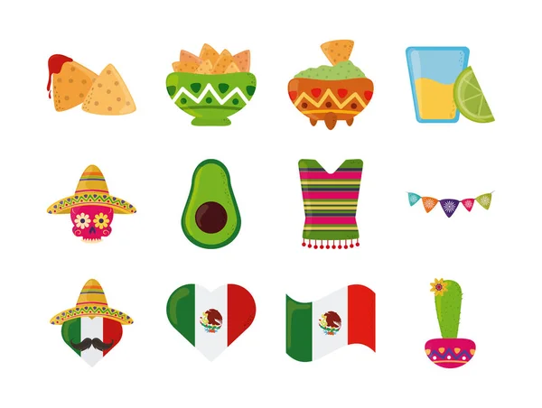 Cinco de mayo meksykańskie uroczystości uroczyste party narodowe ikony zestaw płaski styl ikona — Wektor stockowy
